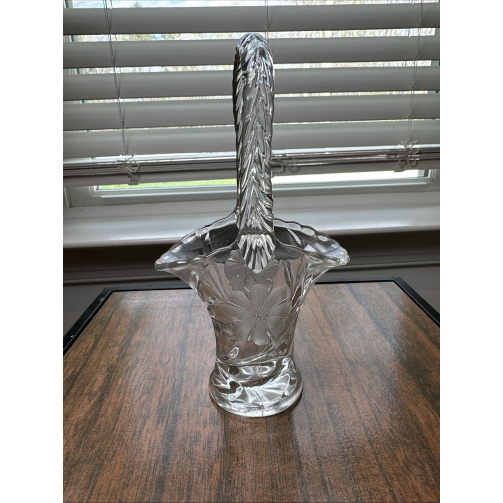 Vintage DUNCAN MILLER Cornflower Design Cut & Etched Glass 7 1/4" Basket Vase